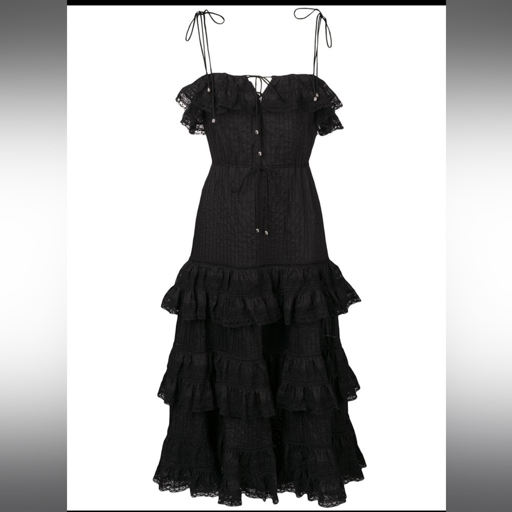 ZIMMERMANN JUNIPER BLACK RUFFLE TIE DRESS